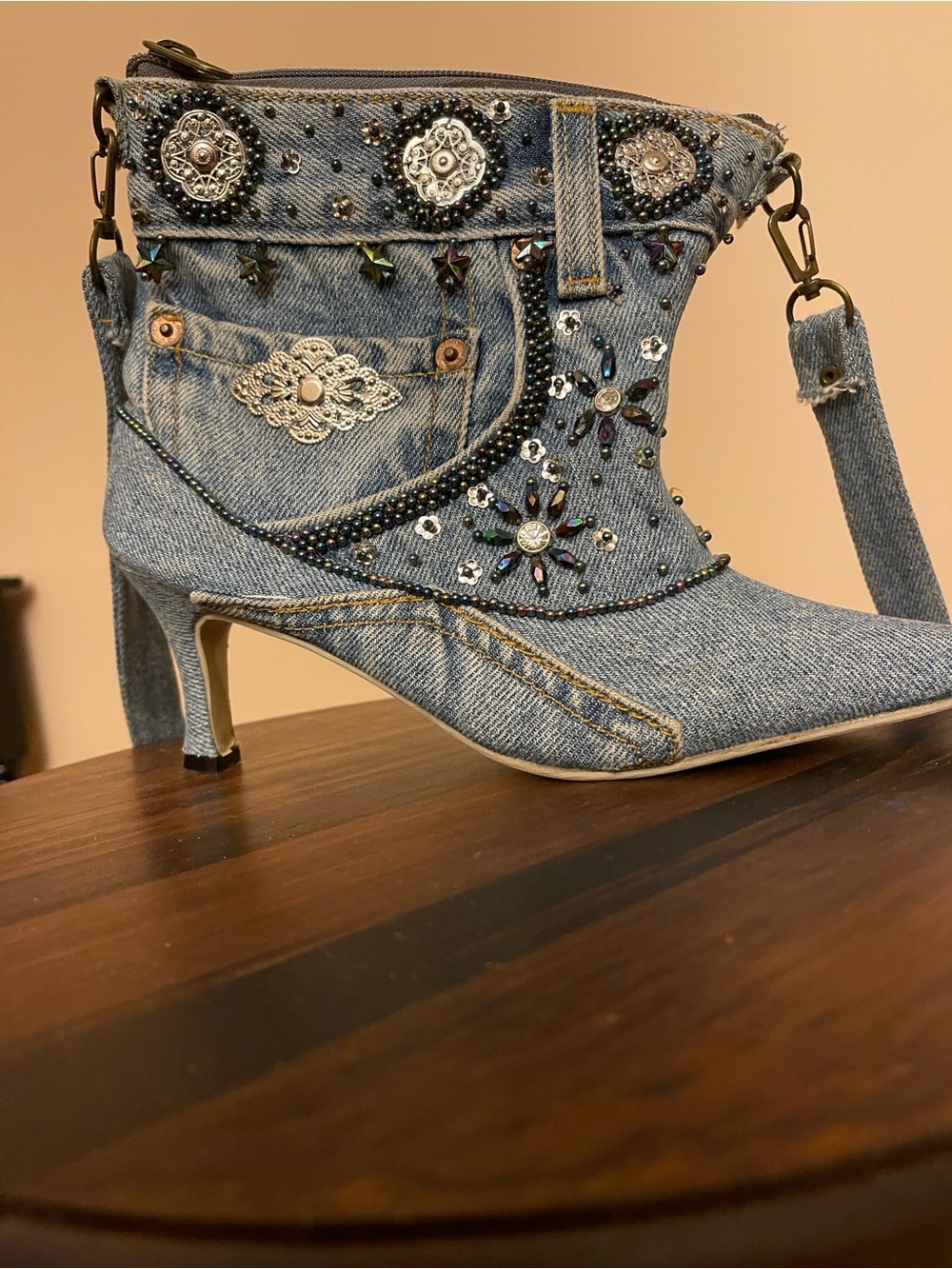 Vintage! Embellished Denim Ankle Boots with Crystal Accents - Light Blue